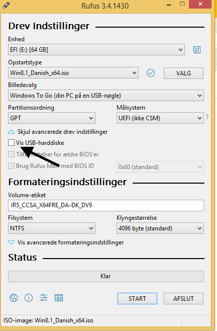 her vises hvordan du får vist usb harddiske i rufus