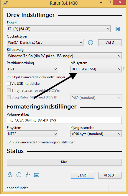 her vises hvordan du vælger opstartmetode i rufus.